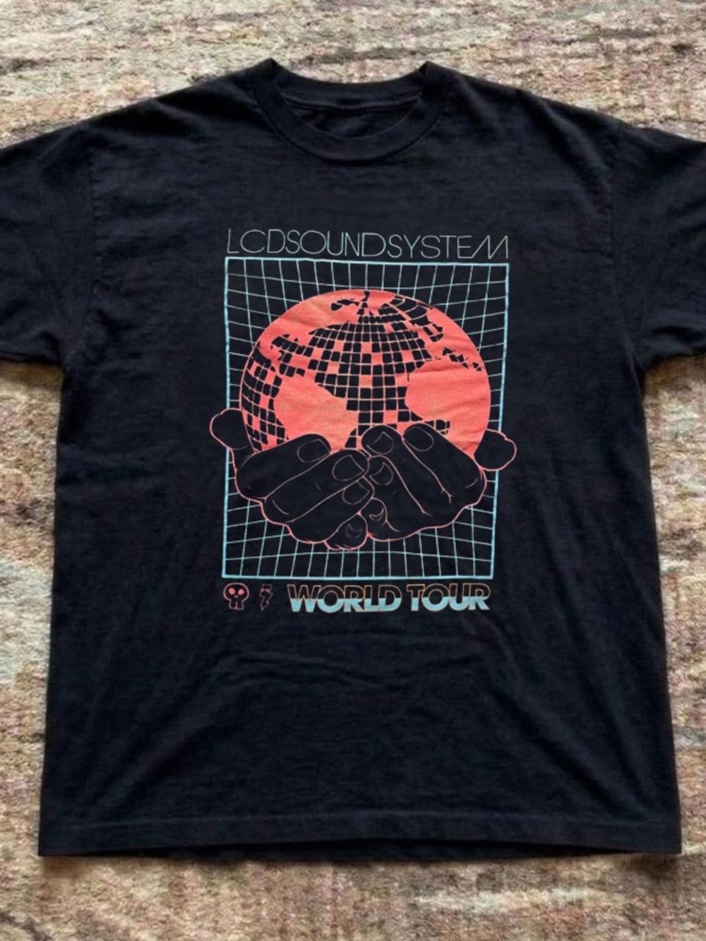Gildan Black Graphic Tee with Coral Globe and Light Blue Grid